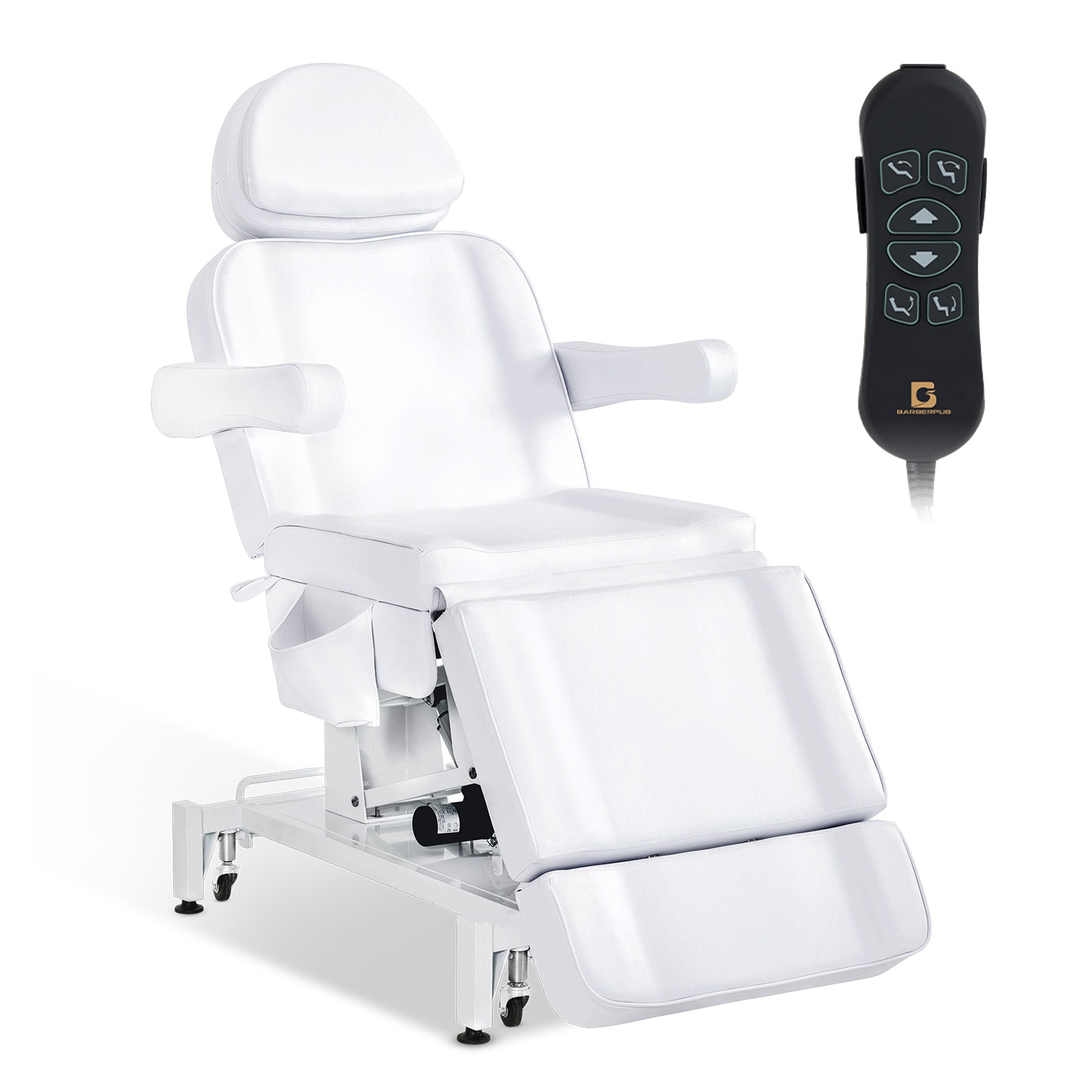 BarberPub Fauteuil Cosmétique Électrique avec 3 Moteurs & Roues, Table de Massage Pliable & Réglable en Hauteur de 16CM, Accoudoirs Rotatifs à 180°, Chaise de Tatouage pour Salon SPA 0754