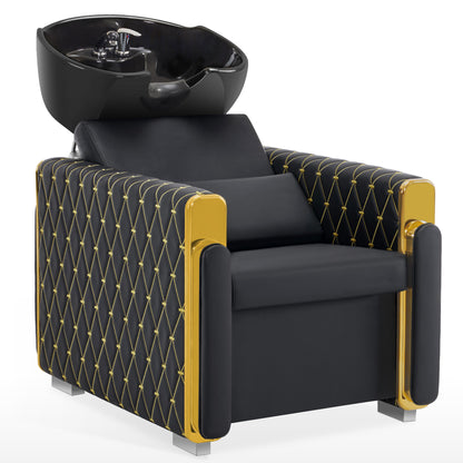 BarberPub Barber Chair with Retro Sink, Adjustable Ceramic Hairdressing Sink, Hairdressing Wash Chair for SPA Salon, Hairdresser Wash Station 8631 (Black-Gold/Leatherette) 
