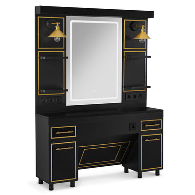 Postazione da barbiere BarberPub con 2 cassetti, toeletta con specchio, postazione operativa con 4 ripiani e 2 armadietti, armadietto a specchio in legno, tavolo con specchio e illuminazione, 3161 (nero-oro)