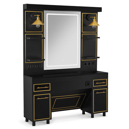 BarberPub barber station with 2 drawers, dressing table with mirror, workstation with 4 shelves &amp; 2 cabinets, wooden mirrored cabinet, mirrored table with lighting, 3161 (Black-Gold) 