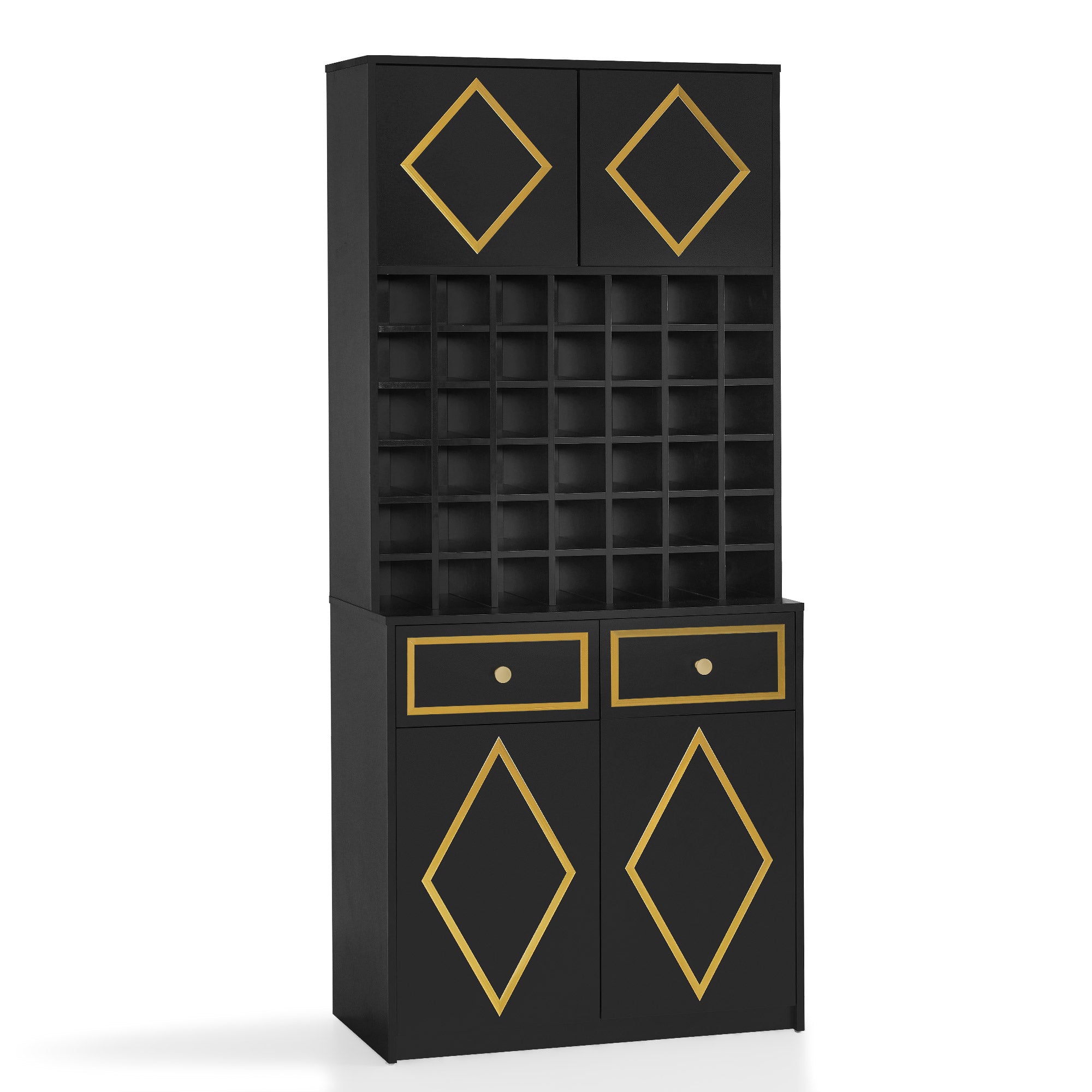 BarberPub Handtuchschrank mit 2 Schubladen, 42 Offenen Fächern & 4 Schränken, Badezimmerschrank Schwarz, Hochschrank Aufbewahrungsschrank Holz für Friseursalon, Schönheitssalon R6194/R6179