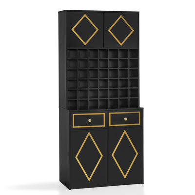 Armadio per asciugamani BarberPub con 2 cassetti, 42 vani aperti e 4 scomparti chiusi, armadietto da bagno nero, colonna portaoggetti in legno per saloni di parrucchieri e di bellezza R6194/R6179