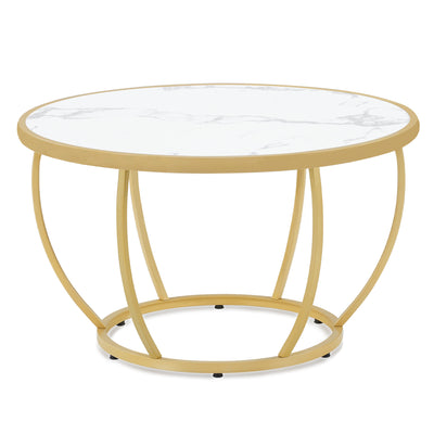BarberPub Couchtisch Rund Holz, Moderner Sofatisch, Kleiner Beistelltisch Metall, Kaffeetisch für Wohnzimmer, Schönheitssalon, Wohnzimmertisch Marmor-Weiß Gold, 80x80x46,5cm, 2185
