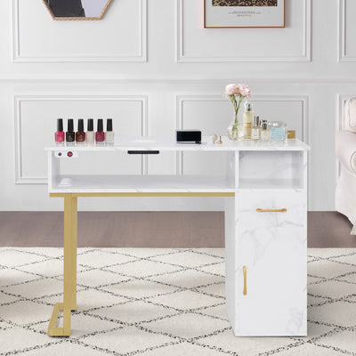 Tavolo da manicure BarberPub con cassetto e armadietto, tavolo per unghie con aspiratore, 3 prese elettriche, 2 sacchetti per aspirapolvere, tavolo per manicure in legno, scrivania per centro estetico, marmo bianco e oro, 50x110x82 cm, 2491