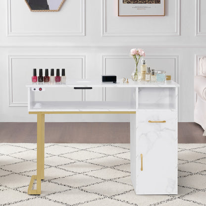 Table de manucure BarberPub avec tiroir et meuble, table à ongles avec hotte, 3 prises, 2 sacs d'aspirateur, table de salon de manucure en bois, bureau pour salon de manucure, marbre blanc doré, 50 x 110 x 82 cm, 2491
