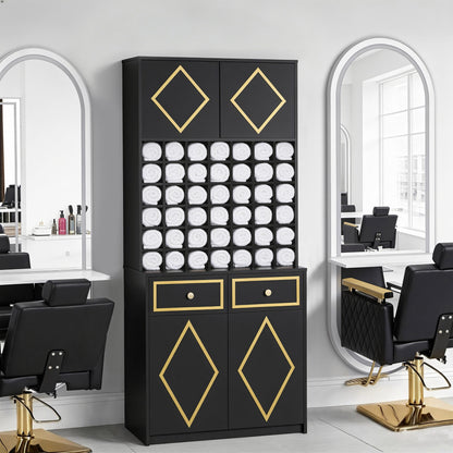 Meuble de rangement BarberPub avec 2 tiroirs, 42 compartiments ouverts et 4 armoires, meuble de salle de bain noir, armoire haute en bois pour salon de coiffure, salon de beauté R6194/R6179