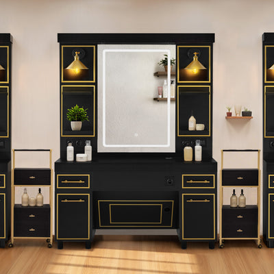 Postazione da barbiere BarberPub con 2 cassetti, toeletta con specchio, postazione operativa con 4 ripiani e 2 armadietti, armadietto a specchio in legno, tavolo con specchio e illuminazione, 3161 (nero-oro)