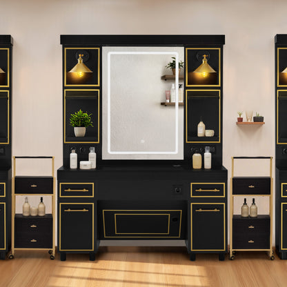 BarberPub barber station with 2 drawers, dressing table with mirror, workstation with 4 shelves &amp; 2 cabinets, wooden mirrored cabinet, mirrored table with lighting, 3161 (Black-Gold) 