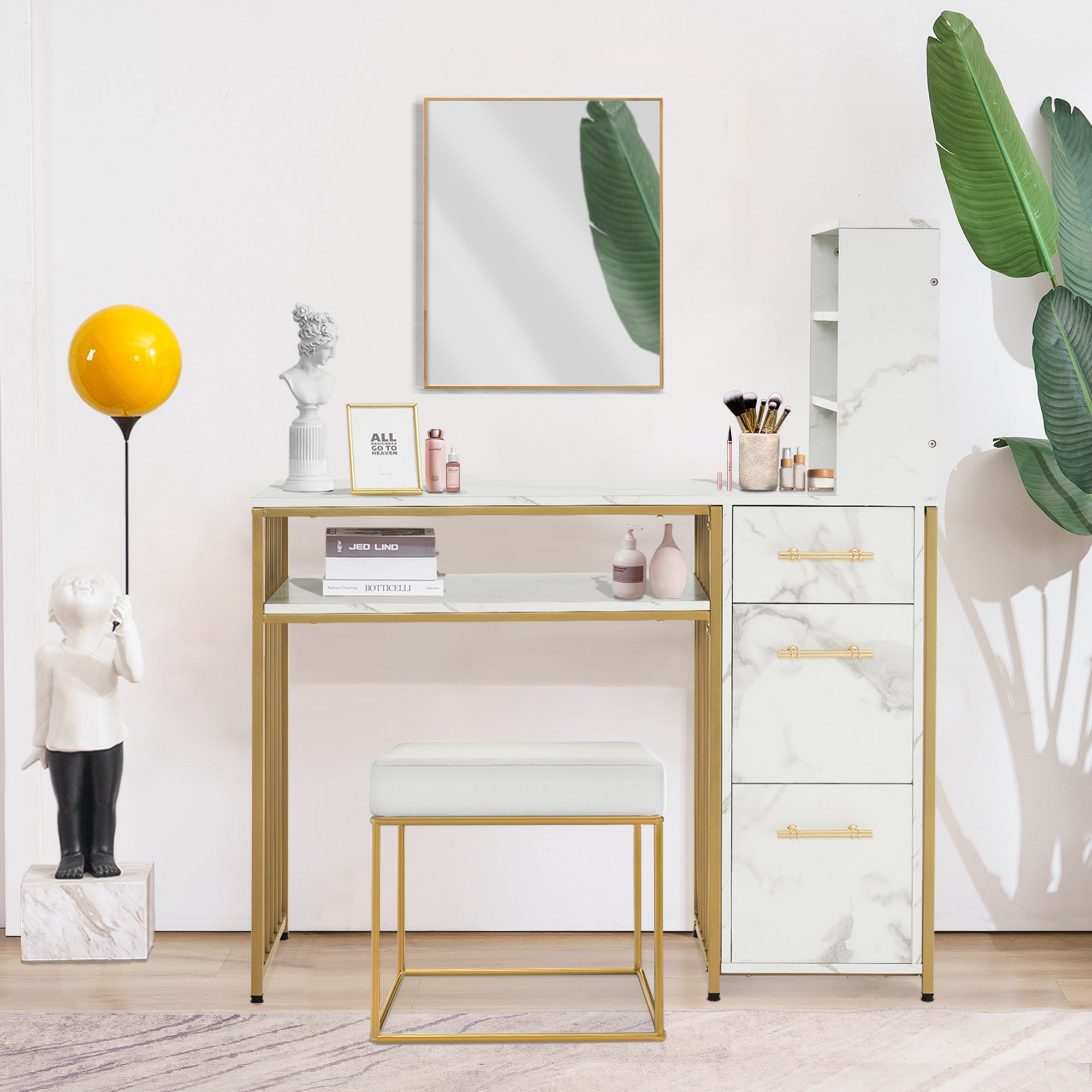 Bureau de barbier avec 3 tiroirs, table à ongles en bois avec cadre en métal, table de manucure en marbre blanc doré, coiffeuse moderne sans miroir, bureau d'ordinateur avec étagère pour le salon, 43 x 108 x 125 cm, 2420