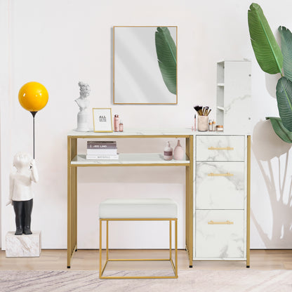 Barberpub Schreibtisch mit 3 Schubladen, Nageltisch aus Holz Metallgestell, Manikürtisch Marmor-Weiß Gold, Schminktisch ohne Spiegel Modern, Computertisch mit Regal Wohnzimmer, 43x108x125cm, 2420