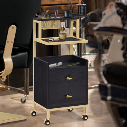 Chariot de coiffure BarberPub à roulettes et 2 tiroirs, chariot de service roulant, chariot de salon avec 2 étagères et support pour sèche-cheveux, chariot de travail moderne pour salle de bain et salon, 32 x 37 x 87 cm, 0029