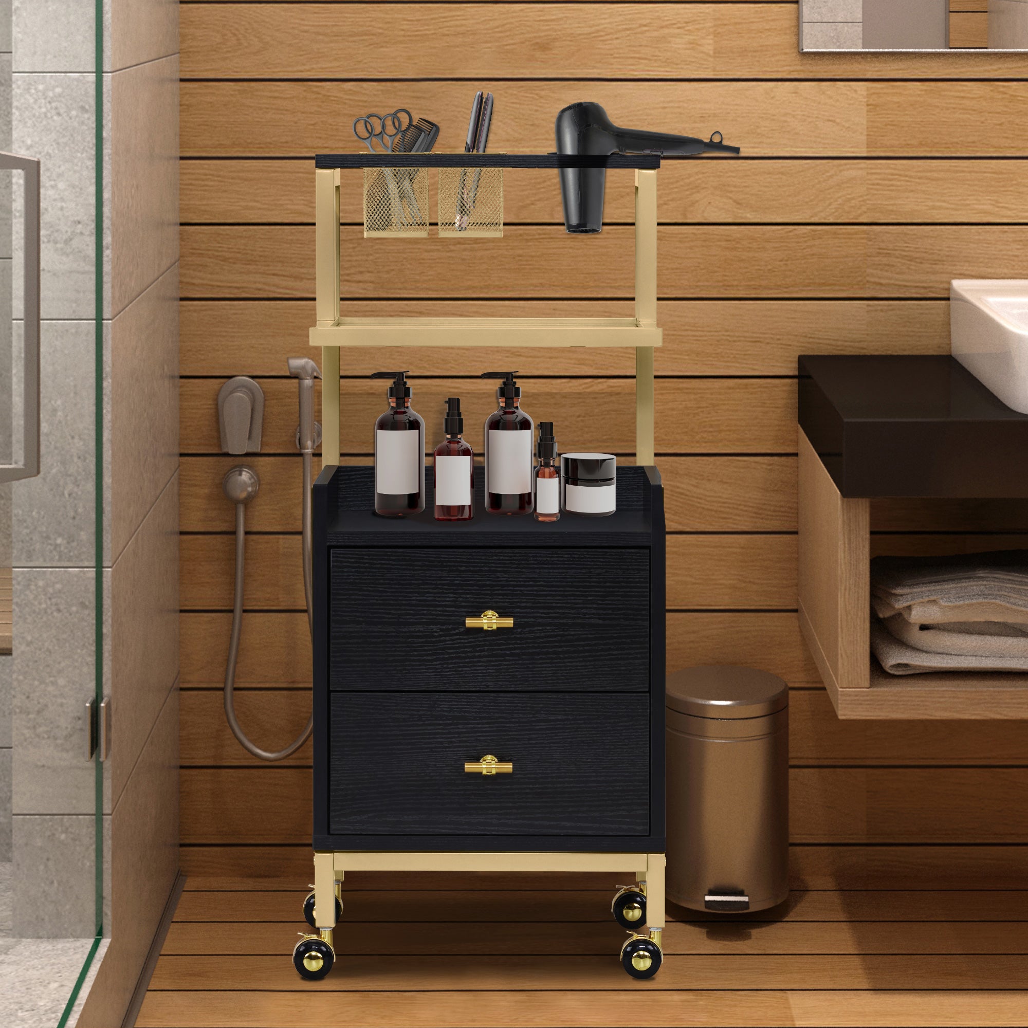 Chariot de coiffure BarberPub à roulettes et 2 tiroirs, chariot de service roulant, chariot de salon avec 2 étagères et support pour sèche-cheveux, chariot de travail moderne pour salle de bain et salon, 32 x 37 x 87 cm, 0029