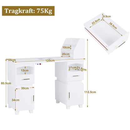 Table de manucure Barberpub avec 2 tiroirs, table à ongles avec extracteur blanc, table de salon de manucure en bois, 4 armoires, étagère, 2 sacs sous vide, bureau pour salon de manucure, 55 x 120 x 112,5 cm, 2456