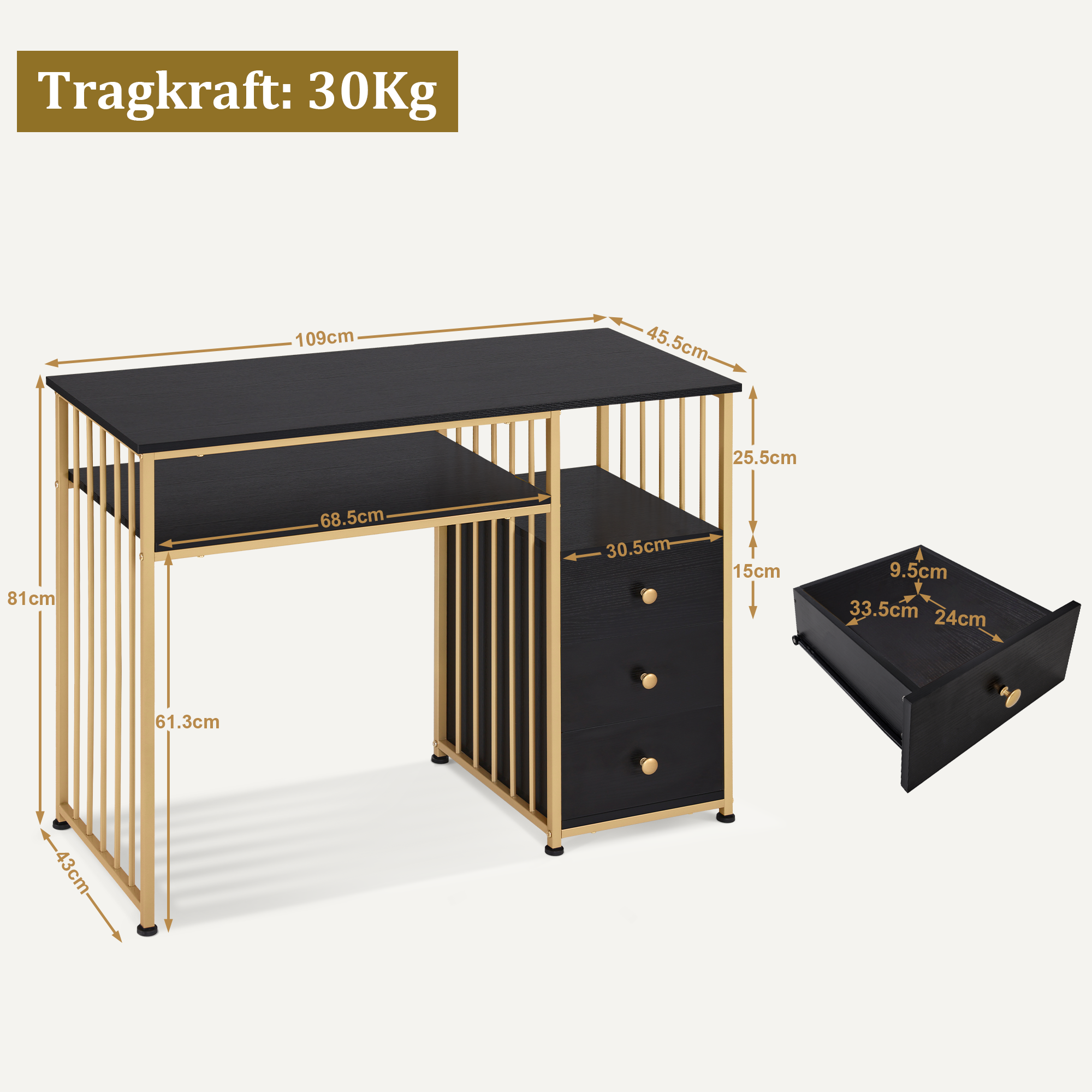 Bureau de barbier avec tiroirs, coiffeuse sans miroir, table à ongles en bois avec cadre en métal, table d'ordinateur pour le salon, moderne, 109 x 45,5 x 81 cm, 2407 