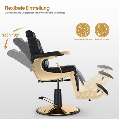 Fauteuil de coiffure Barberpub avec appui-tête inclinable, équipement de coiffure avec pompe hydraulique, pivotant à 360°, hauteur réglable, fauteuil de barbier, fauteuils de coiffure en simili cuir, 9671 (or-noir)