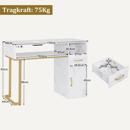 Table de manucure BarberPub avec tiroir et meuble, table à ongles avec hotte, 3 prises, 2 sacs d'aspirateur, table de salon de manucure en bois, bureau pour salon de manucure, marbre blanc doré, 50 x 110 x 82 cm, 2491