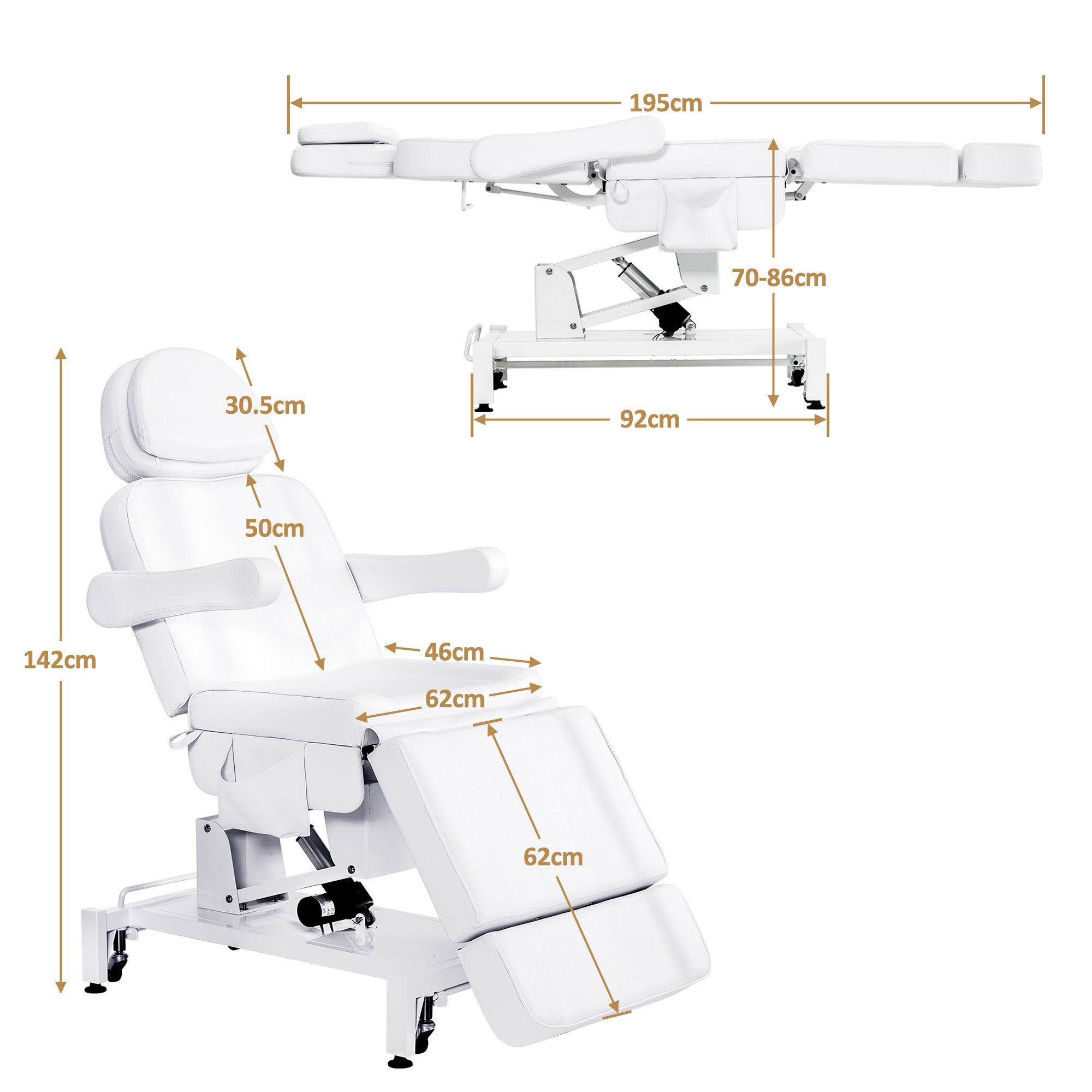 BarberPub Fauteuil Cosmétique Électrique avec 3 Moteurs & Roues, Table de Massage Pliable & Réglable en Hauteur de 16CM, Accoudoirs Rotatifs à 180°, Chaise de Tatouage pour Salon SPA 0754