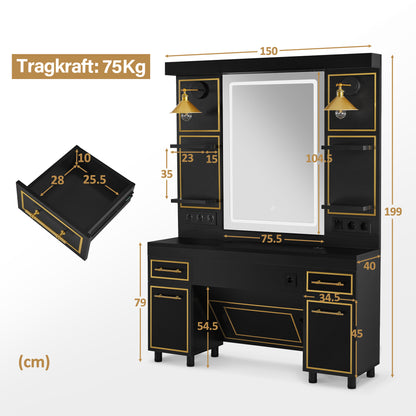 BarberPub barber station with 2 drawers, dressing table with mirror, workstation with 4 shelves &amp; 2 cabinets, wooden mirrored cabinet, mirrored table with lighting, 3161 (Black-Gold) 