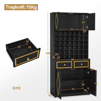 Meuble de rangement BarberPub avec 2 tiroirs, 42 compartiments ouverts et 4 armoires, meuble de salle de bain noir, armoire haute en bois pour salon de coiffure, salon de beauté R6194/R6179
