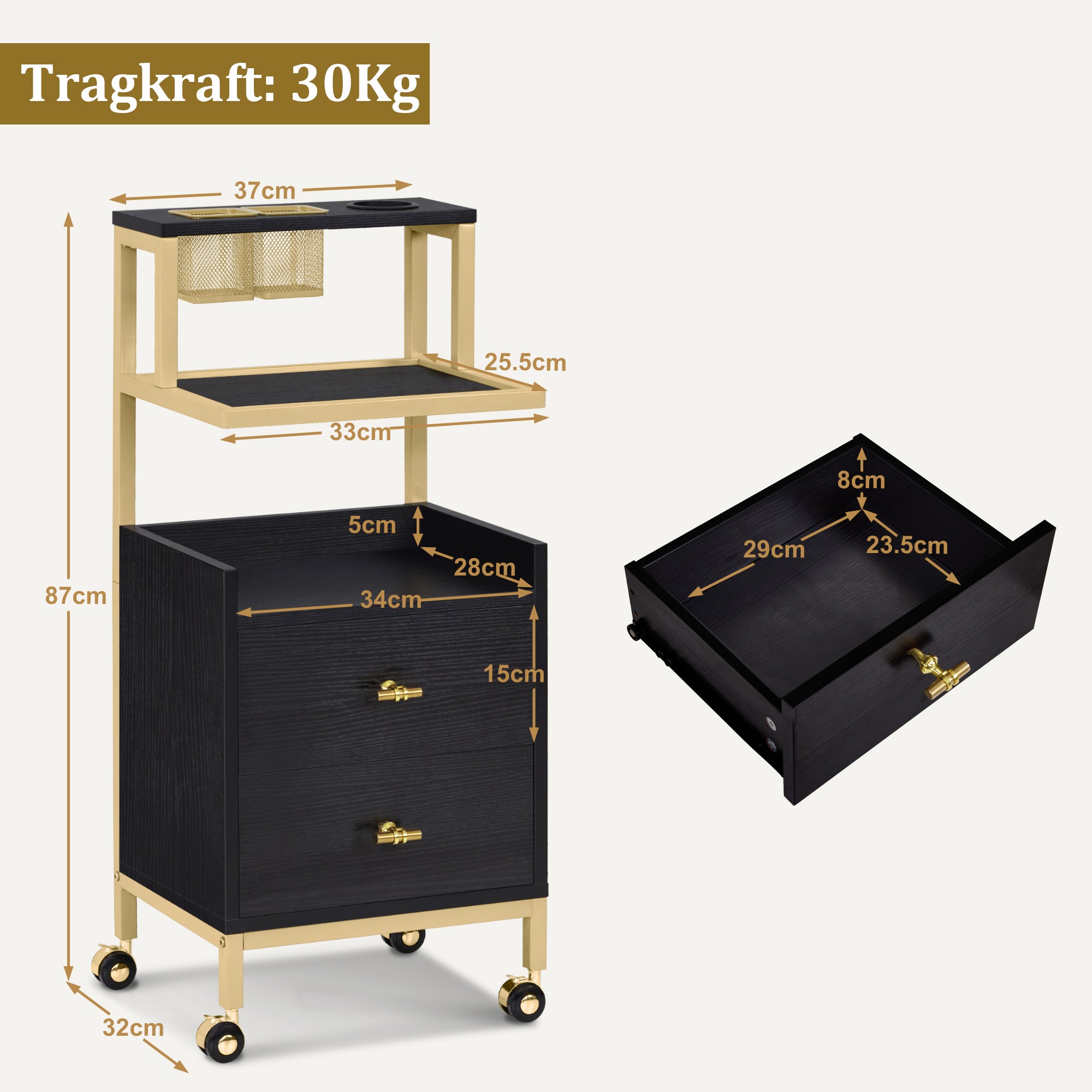 Chariot de coiffure BarberPub à roulettes et 2 tiroirs, chariot de service roulant, chariot de salon avec 2 étagères et support pour sèche-cheveux, chariot de travail moderne pour salle de bain et salon, 32 x 37 x 87 cm, 0029