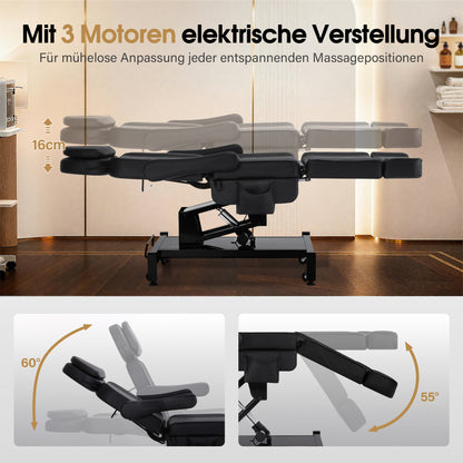 BarberPub Fauteuil Cosmétique Électrique avec 3 Moteurs & Roues, Table de Massage Pliable & Réglable en Hauteur de 16CM, Accoudoirs Rotatifs à 180°, Chaise de Tatouage pour Salon SPA 0754