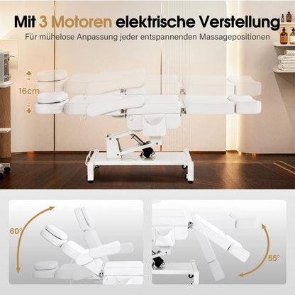 BarberPub Fauteuil Cosmétique Électrique avec 3 Moteurs & Roues, Table de Massage Pliable & Réglable en Hauteur de 16CM, Accoudoirs Rotatifs à 180°, Chaise de Tatouage pour Salon SPA 0754