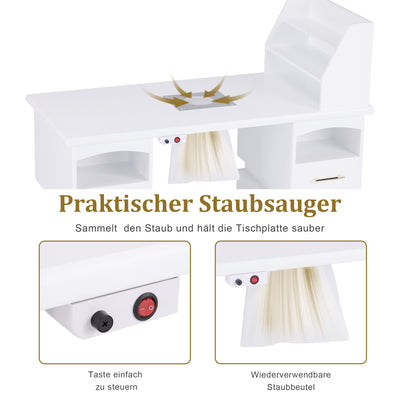 Barberpub Manicure Table with 2 Drawers, Nail Table with Extractor White, Wooden Nail Salon Table, 4 Cabinets, Shelf, 2 Vacuum Bags, Desk for Nail Studio, 55 x 120 x 112.5 cm, 2456