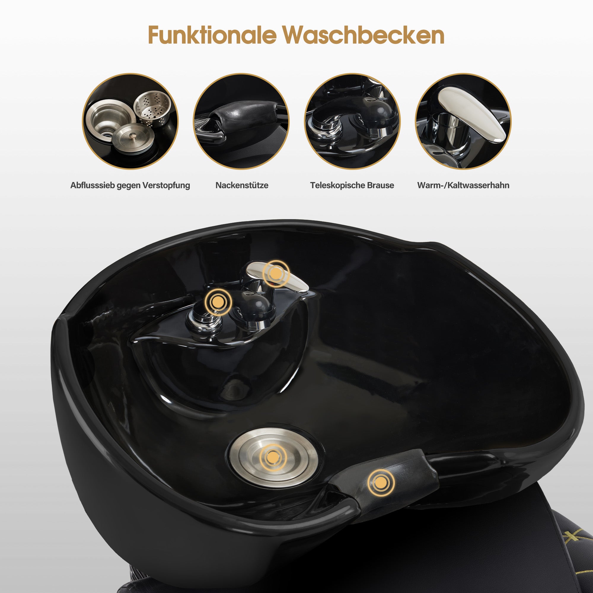 BarberPub Barber Chair with Retro Sink, Adjustable Ceramic Hairdressing Sink, Hairdressing Wash Chair for SPA Salon, Hairdresser Wash Station 8631 (Black-Gold/Leatherette) 