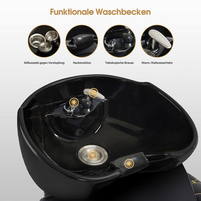 BarberPub Barber Chair with Retro Sink, Adjustable Ceramic Hairdressing Sink, Hairdressing Wash Chair for SPA Salon, Hairdresser Wash Station 8631 (Black-Gold/Leatherette) 
