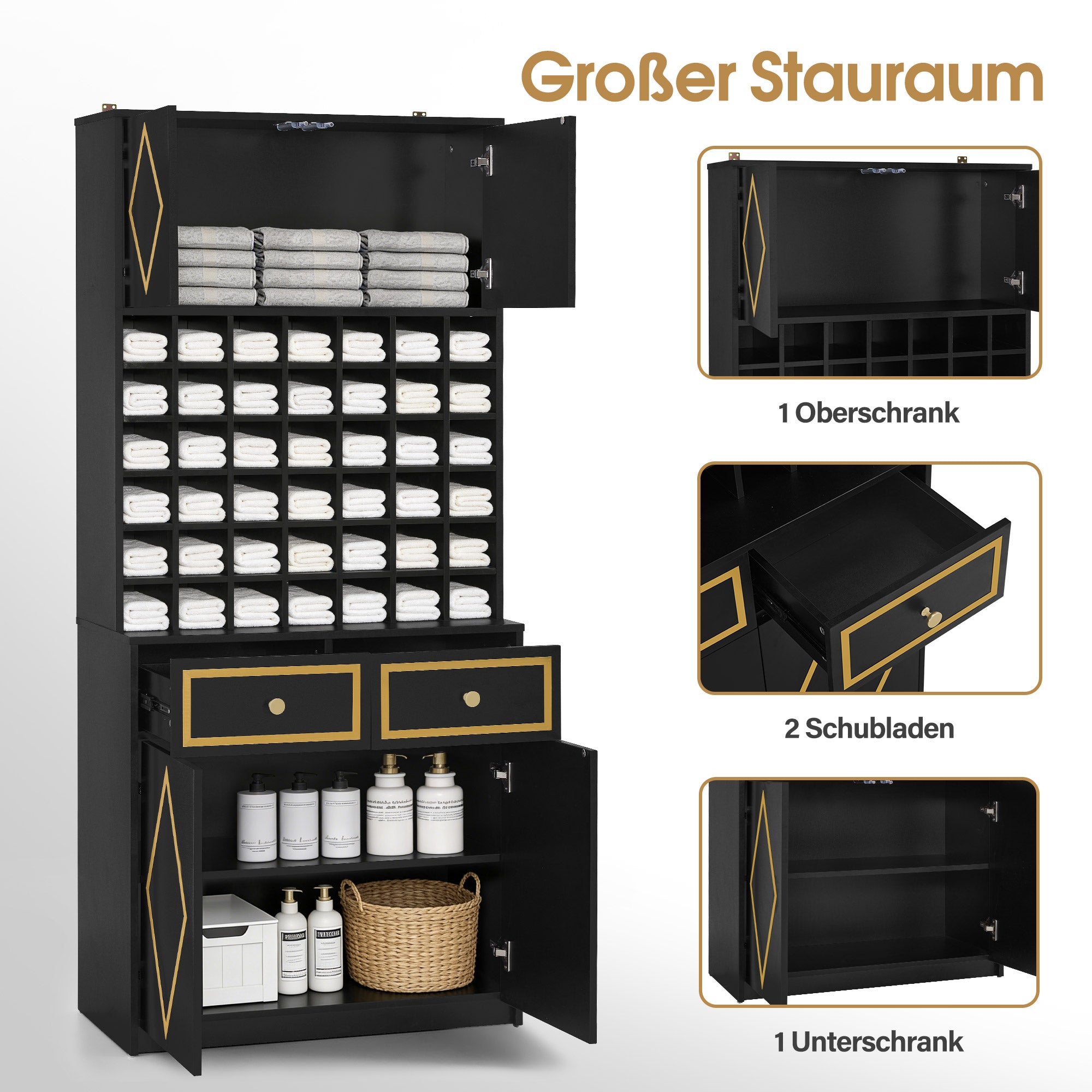 Meuble de rangement BarberPub avec 2 tiroirs, 42 compartiments ouverts et 4 armoires, meuble de salle de bain noir, armoire haute en bois pour salon de coiffure, salon de beauté R6194/R6179