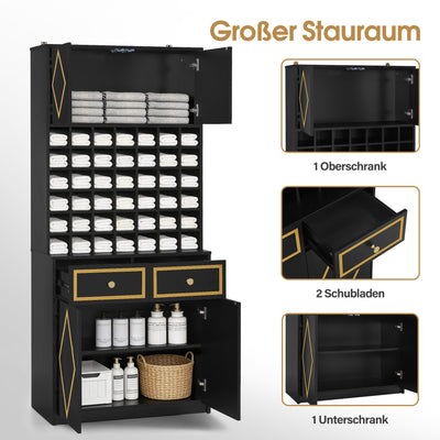 Armadio per asciugamani BarberPub con 2 cassetti, 42 vani aperti e 4 scomparti chiusi, armadietto da bagno nero, colonna portaoggetti in legno per saloni di parrucchieri e di bellezza R6194/R6179