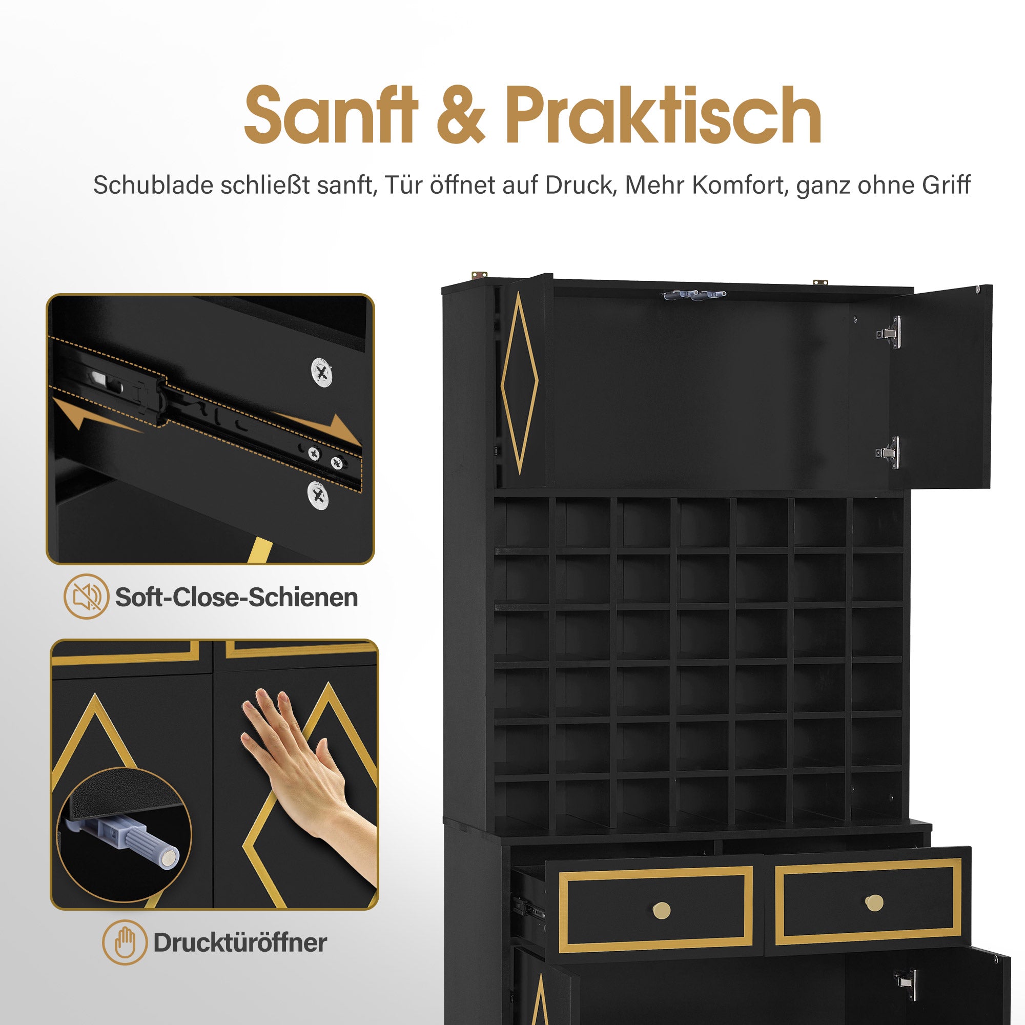 Meuble de rangement BarberPub avec 2 tiroirs, 42 compartiments ouverts et 4 armoires, meuble de salle de bain noir, armoire haute en bois pour salon de coiffure, salon de beauté R6194/R6179