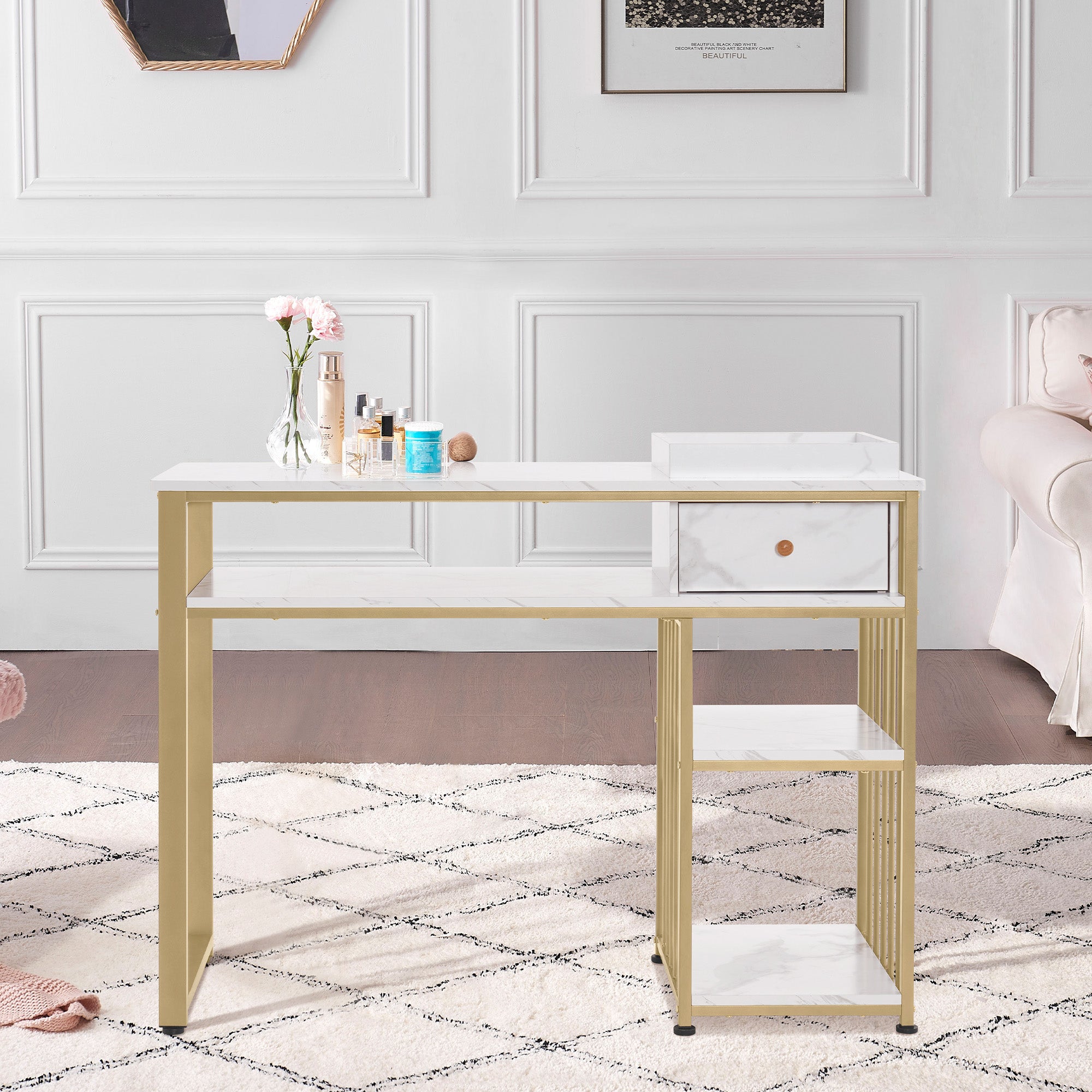 Coiffeuse BarberPub avec tiroirs, table à ongles avec étagère, table de manucure en bois et structure en métal, coiffeuse sans miroir pour salon moderne, marbre-or blanc, 45 x 110 x 80,5 cm, 2498