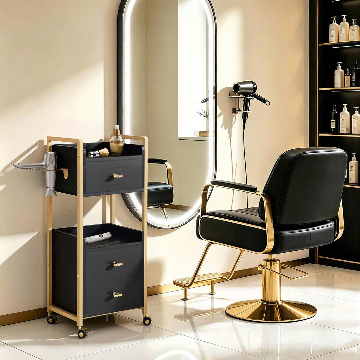 Desserte de barbier avec roulettes et 3 tiroirs, chariot de service à roulettes, chariot de salon avec 2 étagères et support pour sèche-cheveux, chariot de travail moderne pour salle de bain et salon, 30 x 40 x 95 cm, 0022 