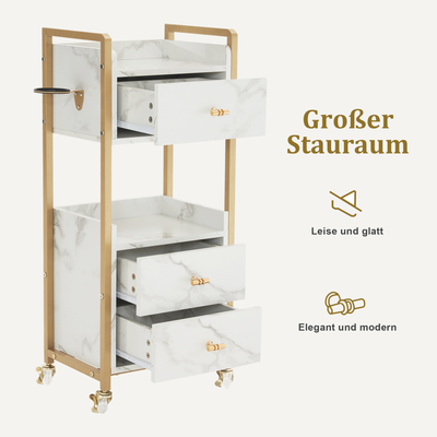 Barberpub carrello da parrucchiere con rotelle e 3 cassetti, carrello di servizio, trolley da salone con 2 ripiani e supporto per asciugacapelli, moderno carrello da lavoro per bagno e soggiorno, 30x40x95 cm, 0022