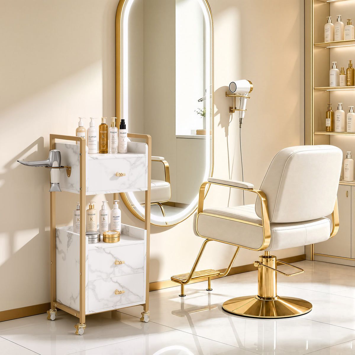 Barberpub Hairdressing Trolley Serving Cart with Wheels &amp; 3 Drawers, Rolling Cart, Salon Trolley with 2 Shelves &amp; Hairdryer Holder, Modern Work Cart for Bathroom Living Room, 30x40x95cm, 0022 