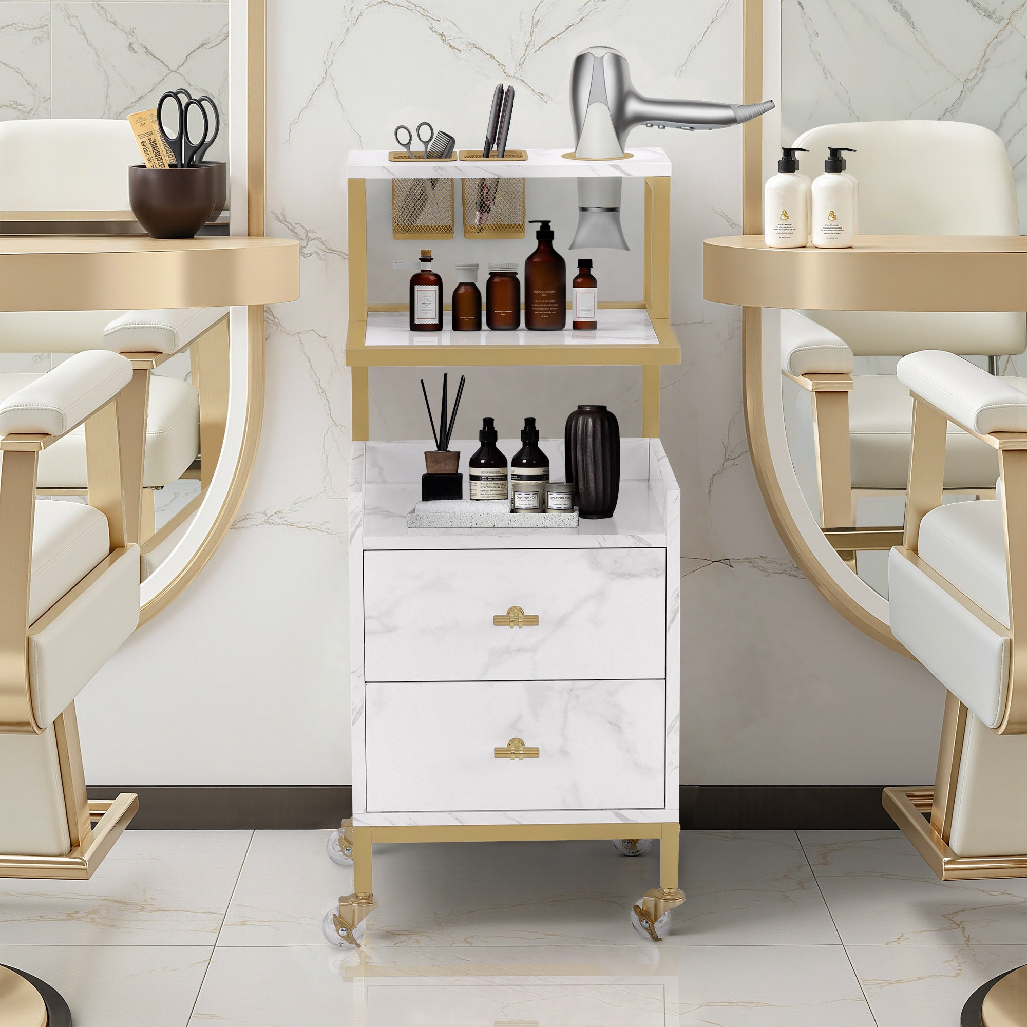Chariot de coiffure BarberPub à roulettes et 2 tiroirs, chariot de service roulant, chariot de salon avec 2 étagères et support pour sèche-cheveux, chariot de travail moderne pour salle de bain et salon, 32 x 37 x 87 cm, 0029