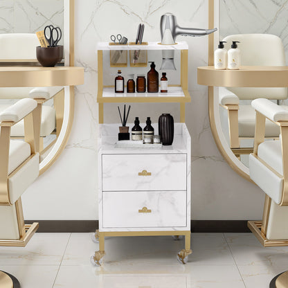 Chariot de coiffure BarberPub à roulettes et 2 tiroirs, chariot de service roulant, chariot de salon avec 2 étagères et support pour sèche-cheveux, chariot de travail moderne pour salle de bain et salon, 32 x 37 x 87 cm, 0029
