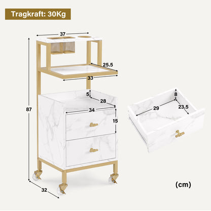 Chariot de coiffure BarberPub à roulettes et 2 tiroirs, chariot de service roulant, chariot de salon avec 2 étagères et support pour sèche-cheveux, chariot de travail moderne pour salle de bain et salon, 32 x 37 x 87 cm, 0029