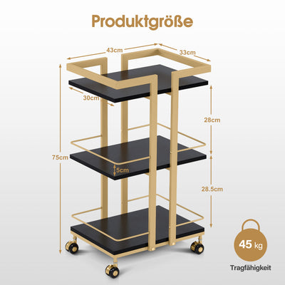 Barberpub Serving Cart with Wheels, Kitchen Trolley Bar Cart Metal Frame, Modern Rolling Cart Multi-Purpose Cart with 3 Levels, for Kitchen Bathroom Living Room Office, 48*43*76cm, 0033