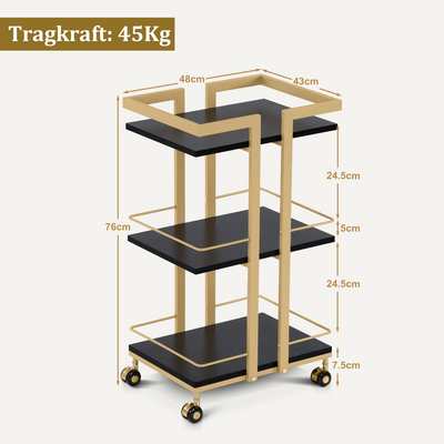 Barberpub Servierwagen mit Rollen, Küchenwagen Barwagen Metallgestell, Moderne Rollwagen Mehrzweckwagen mit 3 Ebenen, für Küche Bad Wohnzimmer Büro, 48*43*76cm, 0033