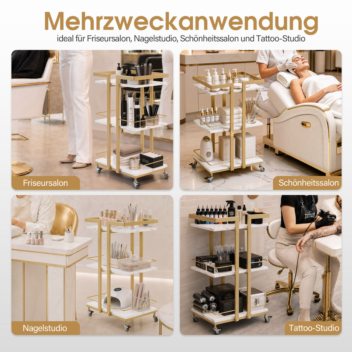 Barberpub Serving Cart with Wheels, Kitchen Trolley Bar Cart Metal Frame, Modern Rolling Cart Multi-Purpose Cart with 3 Levels, for Kitchen Bathroom Living Room Office, 48*43*76cm, 0033