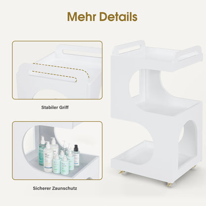 Chariot de service BarberPub à roulettes, chariot de coiffure blanc, chariot de salle de bain, chariot de cuisine, chariot de salon avec 3 étagères, chariot moderne et multifonctionnel pour salon de beauté, salle de bain, salon, 44,5 x 40 x 87 cm, 0045