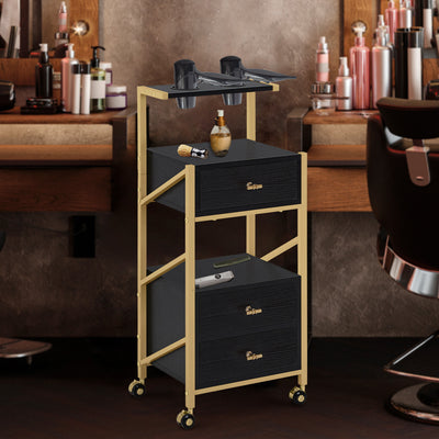 Carrello da parrucchiere Barberpub con ruote e 3 cassetti, carrello multiuso di servizio bianco e oro, trolley da salone con 2 ripiani e 2 supporti per asciugacapelli, moderno carrello da lavoro per bagno e soggiorno, 30x40x97 cm, 0048