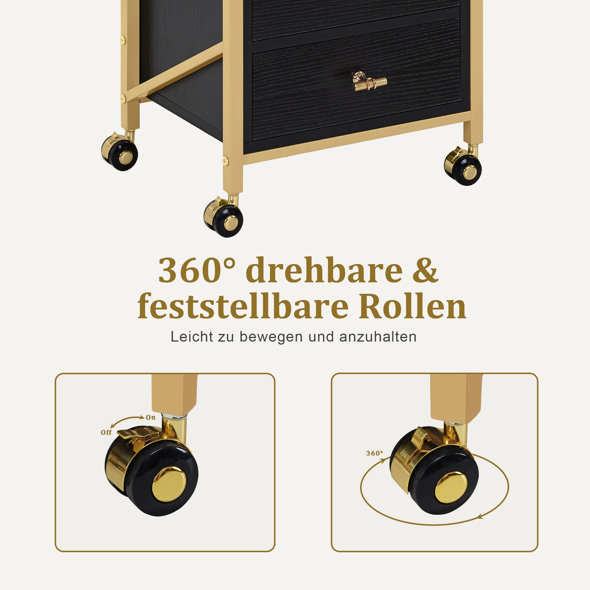 Desserte de barbier à roulettes avec 3 tiroirs, desserte de service roulante blanc-doré, desserte de salon avec 2 étagères et 2 supports pour sèche-cheveux, desserte de travail moderne pour salle de bain et salon, 30 x 40 x 97 cm, 0048