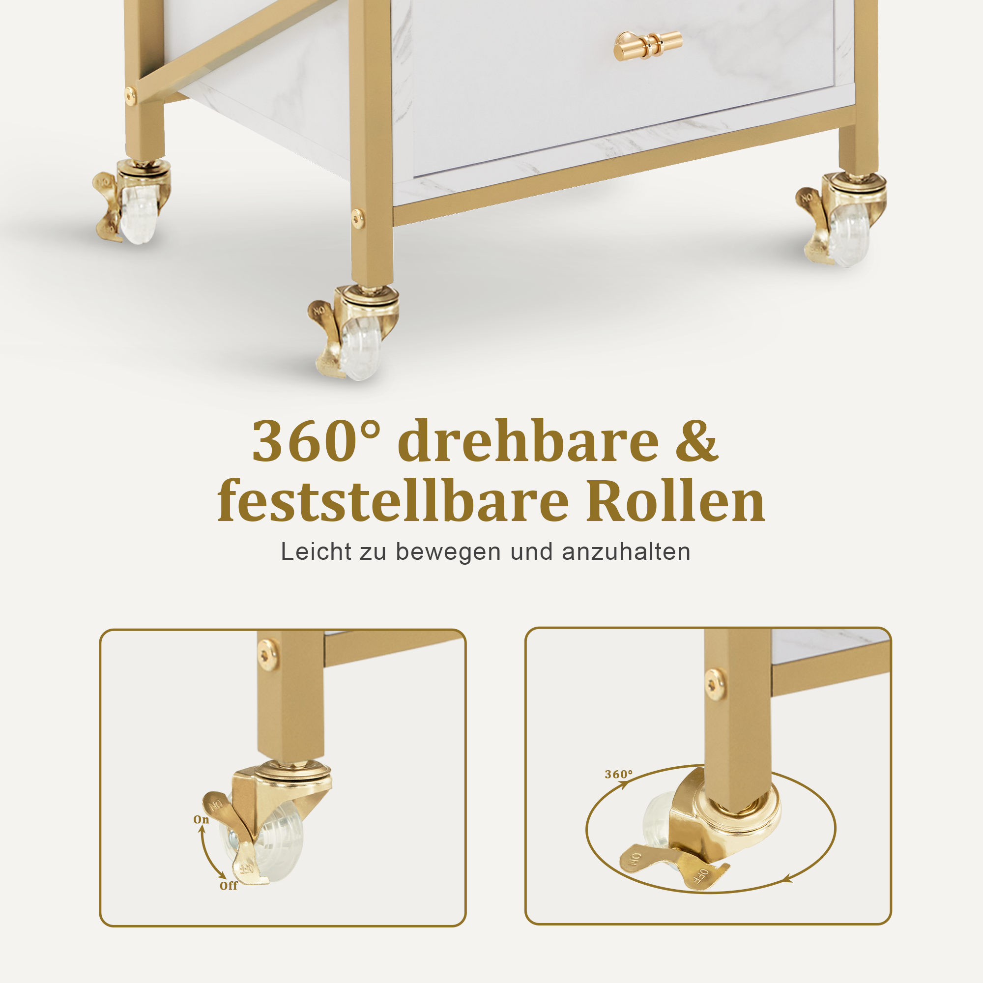 Desserte de barbier à roulettes avec 3 tiroirs, desserte de service roulante blanc-doré, desserte de salon avec 2 étagères et 2 supports pour sèche-cheveux, desserte de travail moderne pour salle de bain et salon, 30 x 40 x 97 cm, 0048