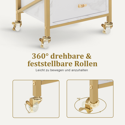 Desserte de barbier à roulettes avec 3 tiroirs, desserte de service roulante blanc-doré, desserte de salon avec 2 étagères et 2 supports pour sèche-cheveux, desserte de travail moderne pour salle de bain et salon, 30 x 40 x 97 cm, 0048