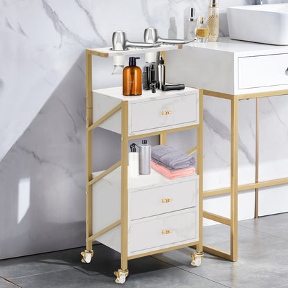 Desserte de barbier à roulettes avec 3 tiroirs, desserte de service roulante blanc-doré, desserte de salon avec 2 étagères et 2 supports pour sèche-cheveux, desserte de travail moderne pour salle de bain et salon, 30 x 40 x 97 cm, 0048