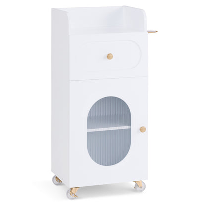 Chariot de coiffure Barberpub avec roulettes et tiroirs, chariot de service roulant blanc, chariot de salon avec 3 étagères et support pour sèche-cheveux, chariot de travail moderne pour salle de bain, salon, 31,4 x 37 x 85,5 cm, 0051