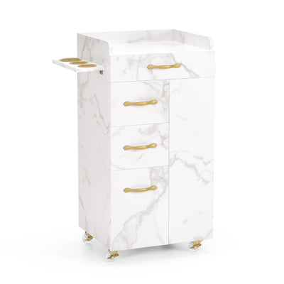BarberPub Chariot de Coiffure à 3 Tiroirs et 2 Placards, Desserte de Salon de Beauté avec 3 Supports de Sèche-Cheveux, Chariot de Service Roulant pour Salon de Beauté, Desserte de Coiffeur, 39x58x90cm, 0065 (Blanc-Or)